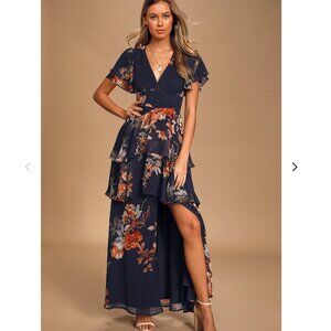 Lulu's Midnight Mood Navy Blue Floral Print Tiered Maxi Dress XL
